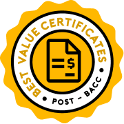 best value certificates  post-bacc image circle with paper and dollar sign icons in  the middle